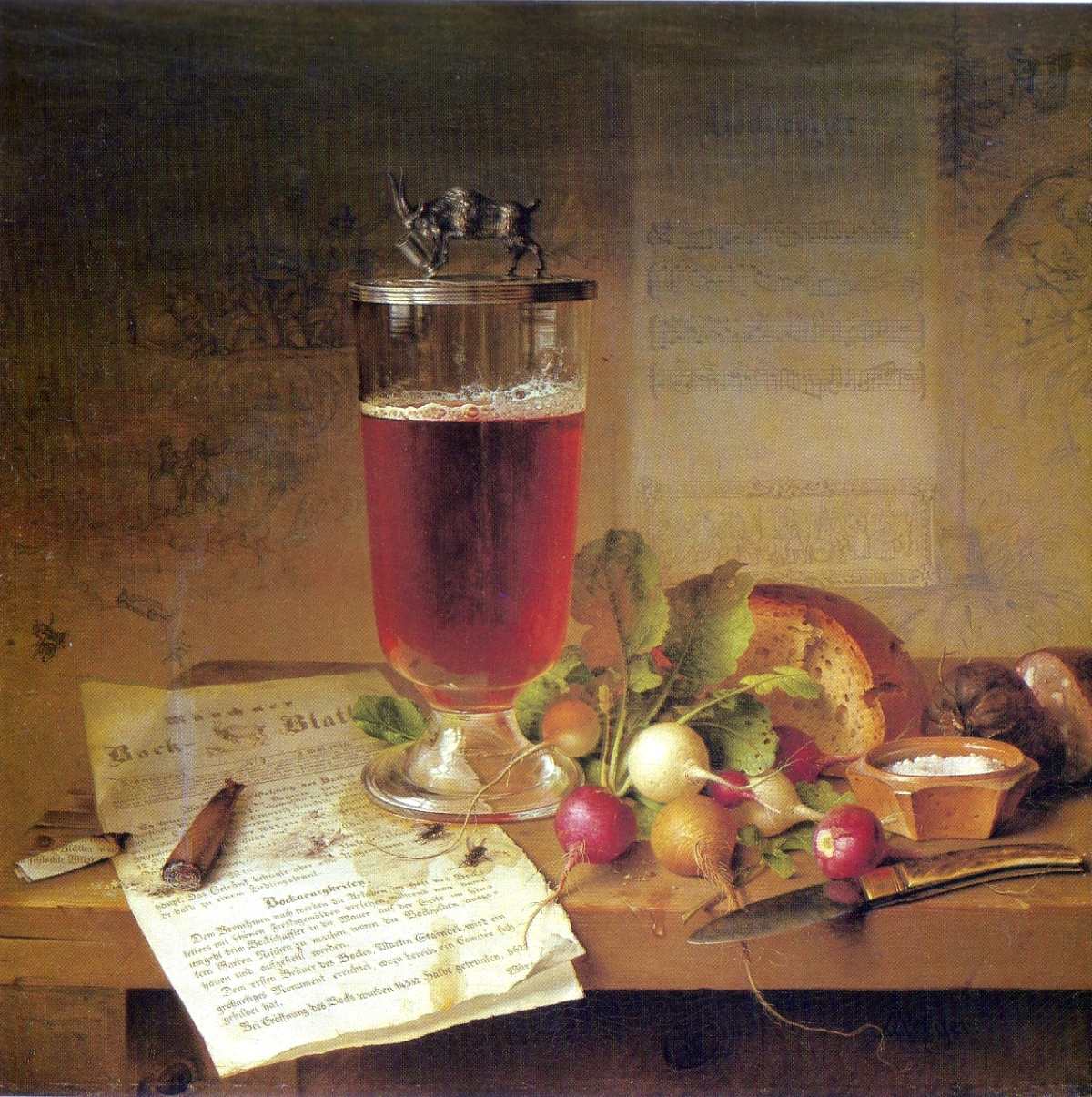 Bodegón cervecero de Johann Wilhelm Preyer titulado "Münchner Bockstilleben" (1839)